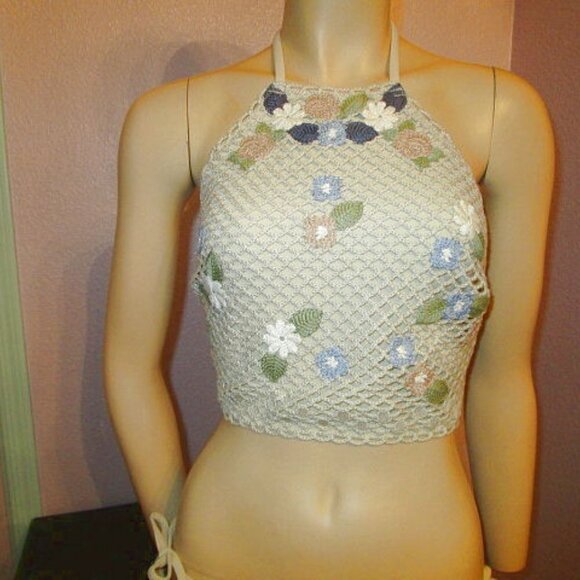 Aerie Crochet String Bikini Size S M Swimsuit Embroidered 2 Piece Fishnet NEW - Picture 3 of 10